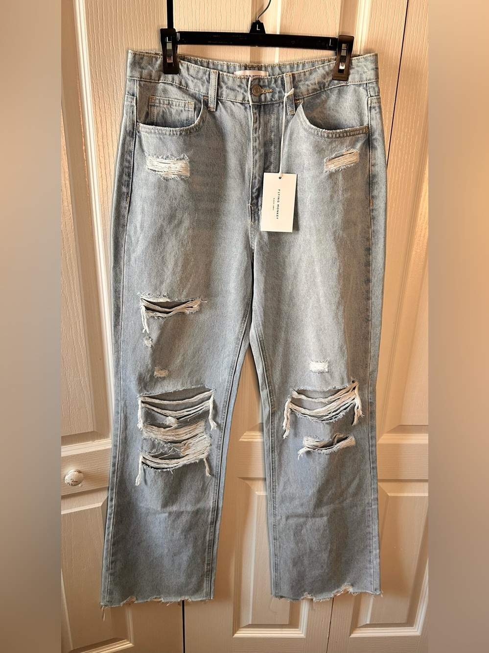 Flying Monkey Womens Blue Ripped Denim Flared Leg Jeans Waist 29” Inseam 34" NWT